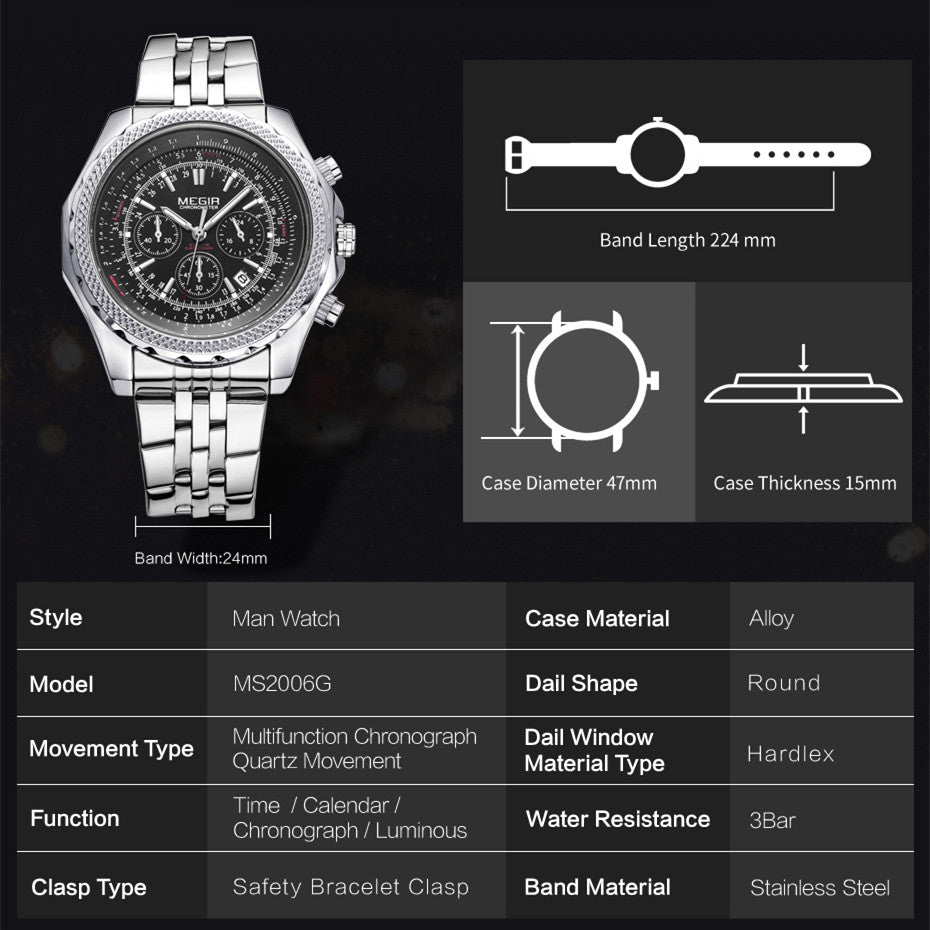 MEGIR Fashion Business Men's Watch Stainless Steel Quartz Wristwatch Calendar Big Dial Man Military Sports Chronograph Clock
