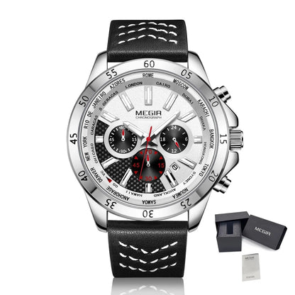 MEGIR Men Sport Watch Luxury Leather Strap Casual Quartz Chronograph Waterproof Luminous Male Wristwatch Relogio Masculino 2103