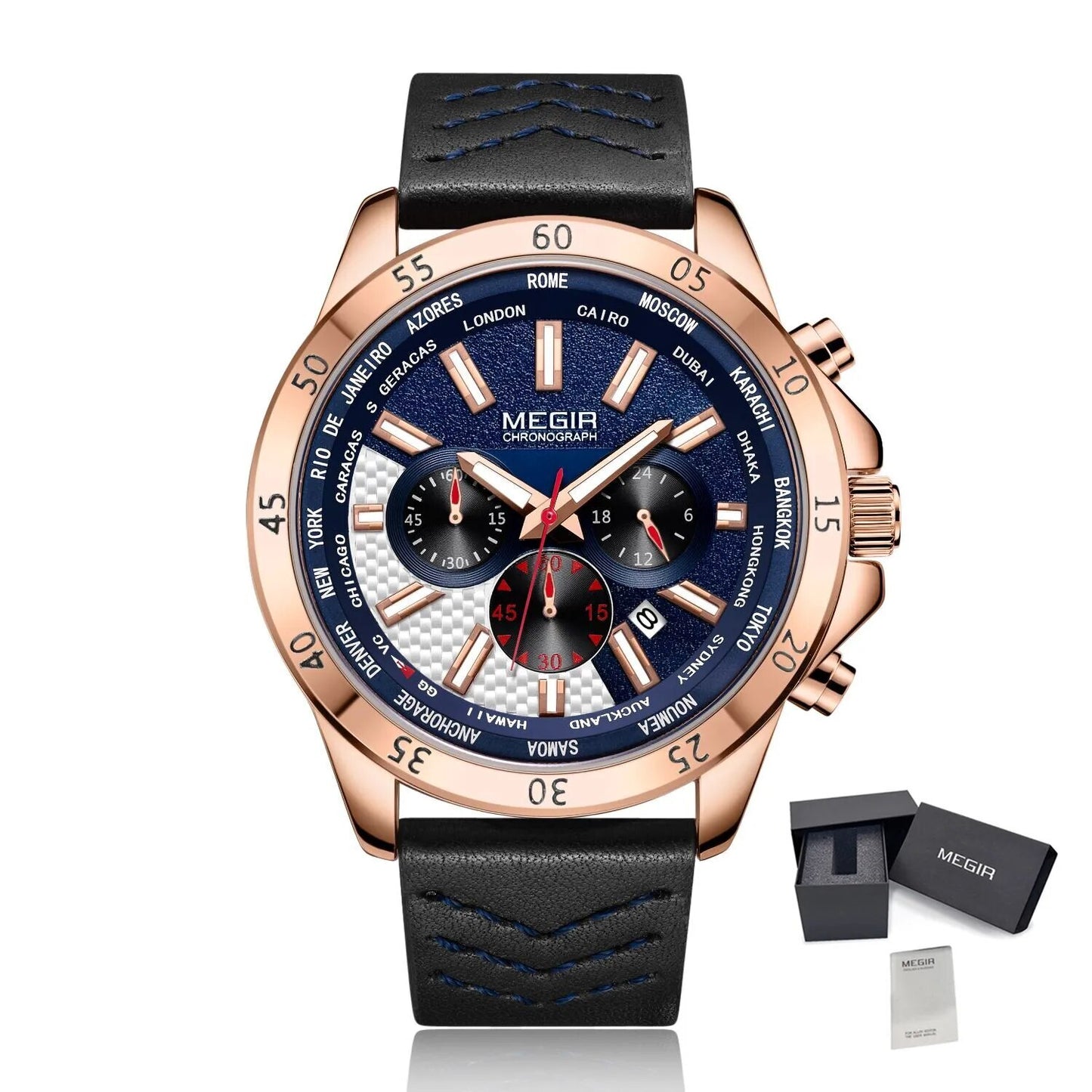 MEGIR Men Sport Watch Luxury Leather Strap Casual Quartz Chronograph Waterproof Luminous Male Wristwatch Relogio Masculino 2103