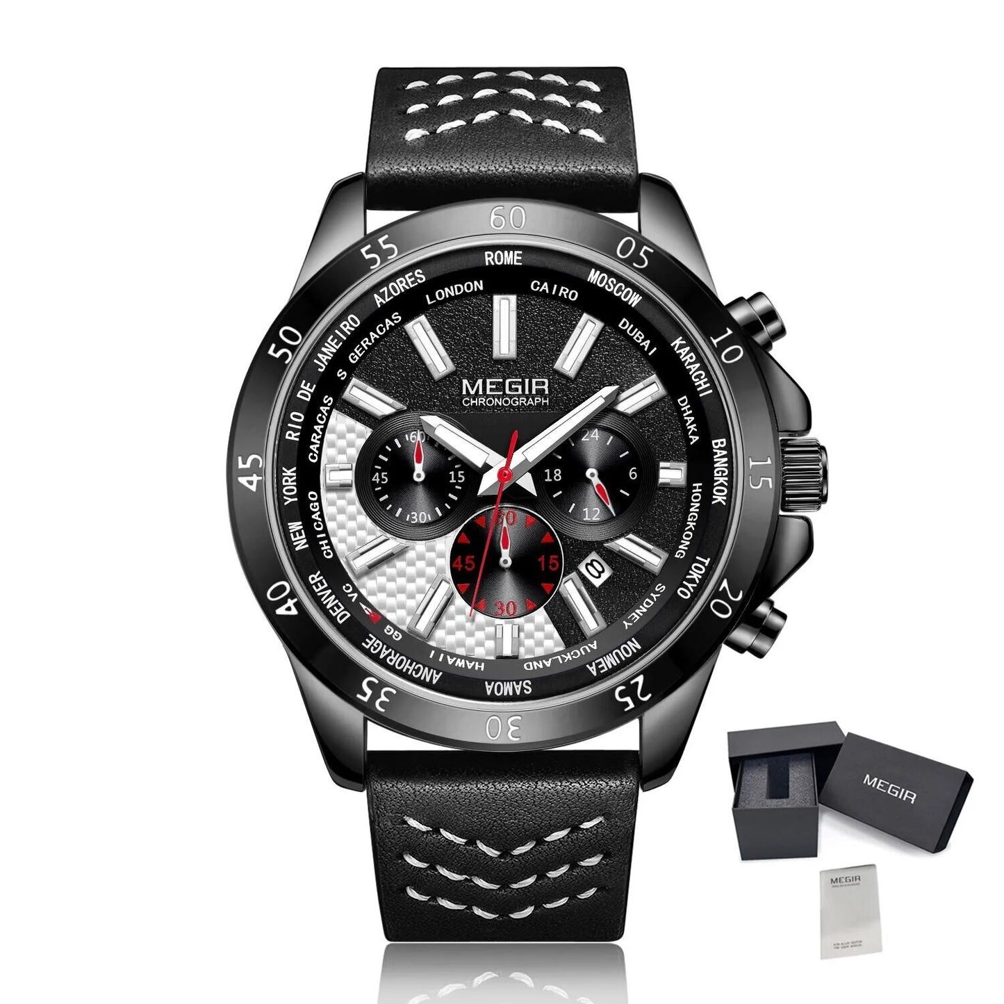 MEGIR Men Sport Watch Luxury Leather Strap Casual Quartz Chronograph Waterproof Luminous Male Wristwatch Relogio Masculino 2103