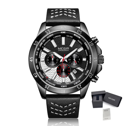 MEGIR Men Sport Watch Luxury Leather Strap Casual Quartz Chronograph Waterproof Luminous Male Wristwatch Relogio Masculino 2103