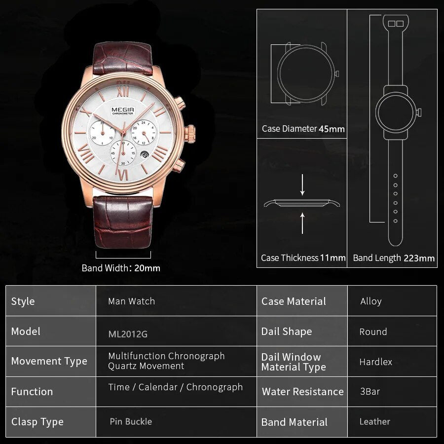 MEGIR Brown Retro Sports Quartz Men's Watches Large Dial Chronograph Clock Fashion Multifunctional Men Wrist Watch Montre Homme