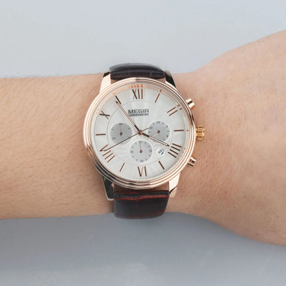 MEGIR Brown Retro Sports Quartz Men's Watches Large Dial Chronograph Clock Fashion Multifunctional Men Wrist Watch Montre Homme