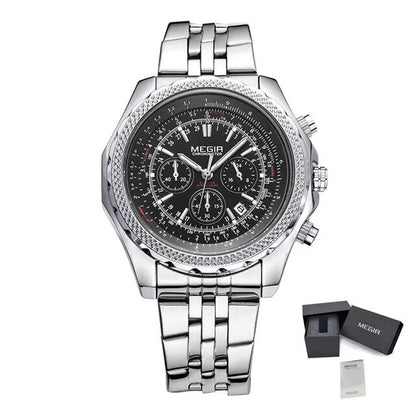 MEGIR Fashion Business Men's Watch Stainless Steel Quartz Wristwatch Calendar Big Dial Man Military Sports Chronograph Clock