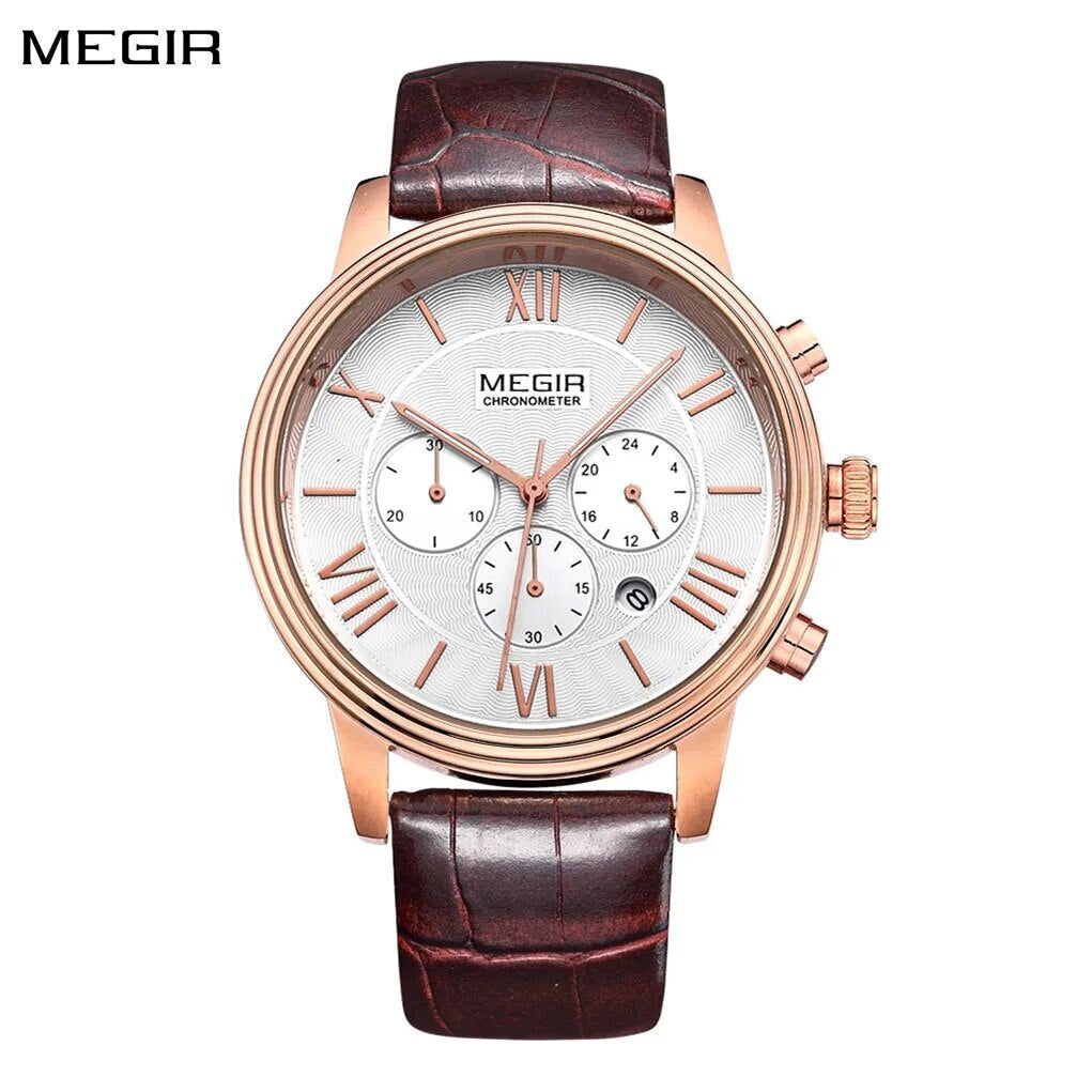 MEGIR Brown Retro Sports Quartz Men's Watches Large Dial Chronograph Clock Fashion Multifunctional Men Wrist Watch Montre Homme