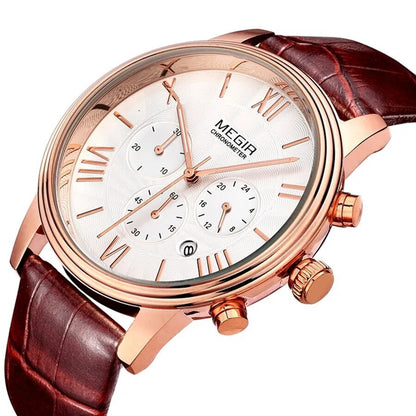 MEGIR Brown Retro Sports Quartz Men's Watches Large Dial Chronograph Clock Fashion Multifunctional Men Wrist Watch Montre Homme