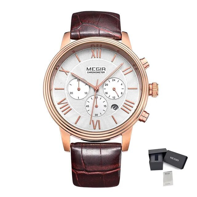 MEGIR Brown Retro Sports Quartz Men's Watches Large Dial Chronograph Clock Fashion Multifunctional Men Wrist Watch Montre Homme