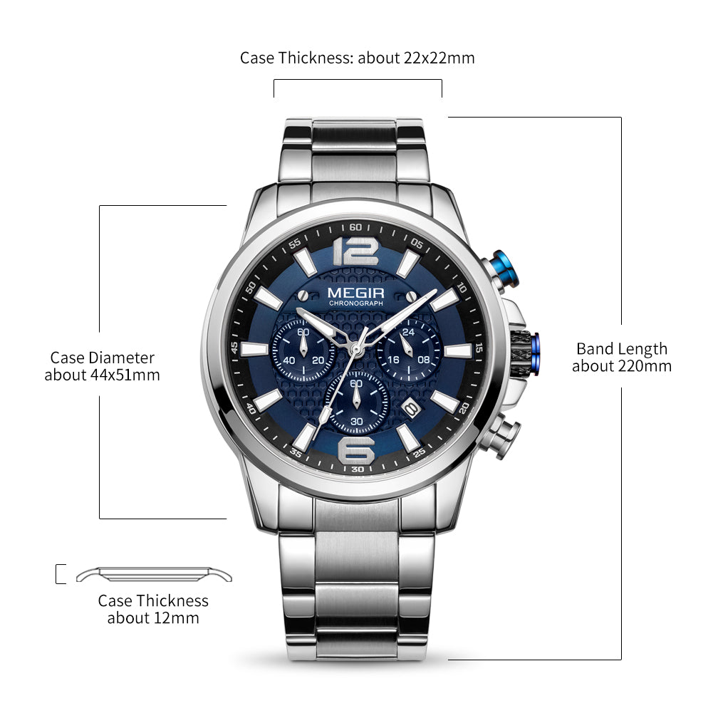 MEGIR Luxury Business Men Watch Fashion Quartz Sport Chronograph Luminous Waterproof Calendar Stainless Steel Male Wristwatch 2156