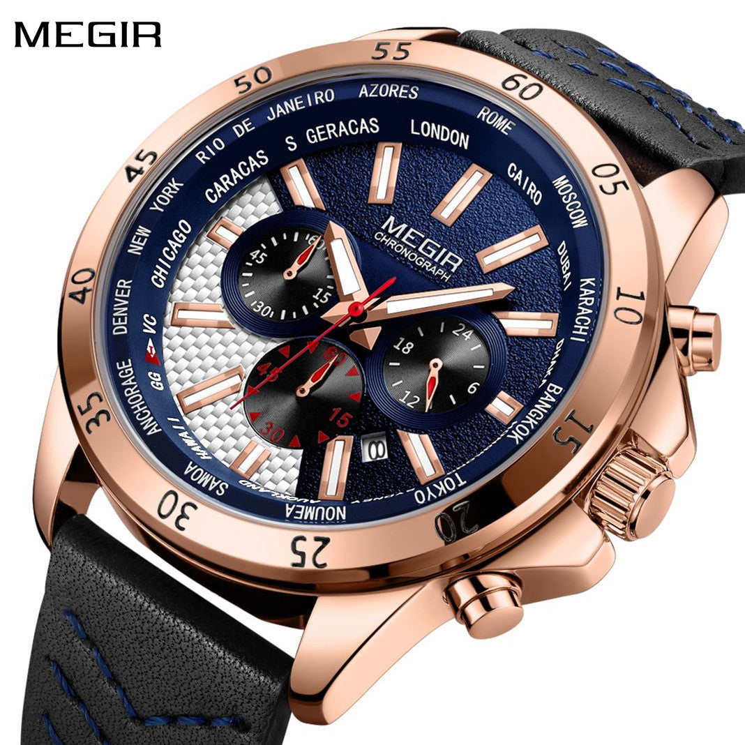 MEGIR Men Sport Watch Luxury Leather Strap Casual Quartz Chronograph Waterproof Luminous Male Wristwatch Relogio Masculino 2103