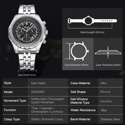 MEGIR Fashion Business Men's Watch Stainless Steel Quartz Wristwatch Calendar Big Dial Man Military Sports Chronograph Clock