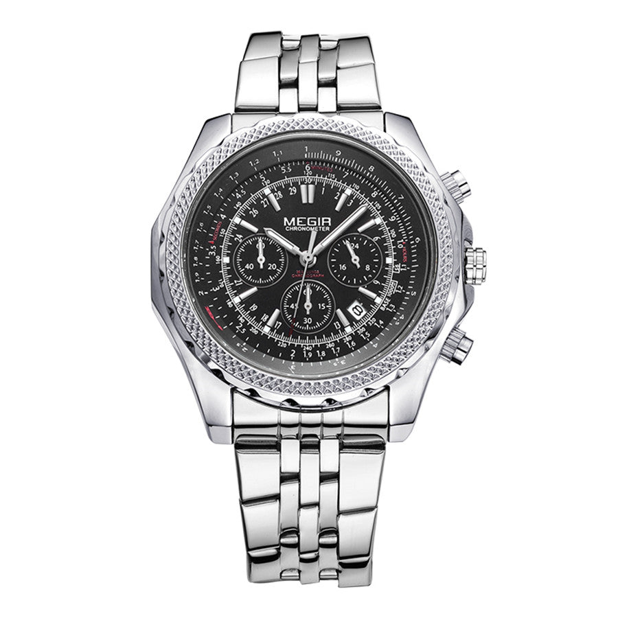 MEGIR Fashion Business Men's Watch Stainless Steel Quartz Wristwatch Calendar Big Dial Man Military Sports Chronograph Clock