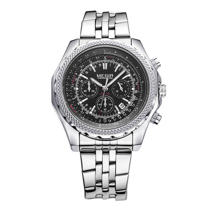 MEGIR Fashion Business Men's Watch Stainless Steel Quartz Wristwatch Calendar Big Dial Man Military Sports Chronograph Clock