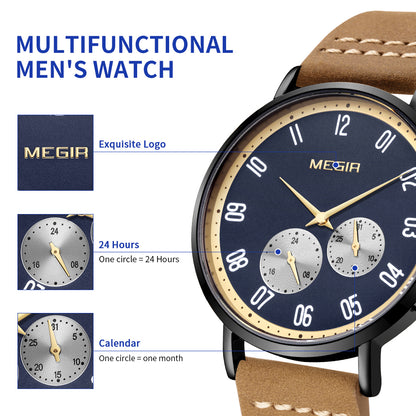 MEGIR Fashion Casual Men Watches Luxury Leather Quartz Sport Wristwatch Waterproof Luminous Clock Large Dial Relogio Masculino 1083