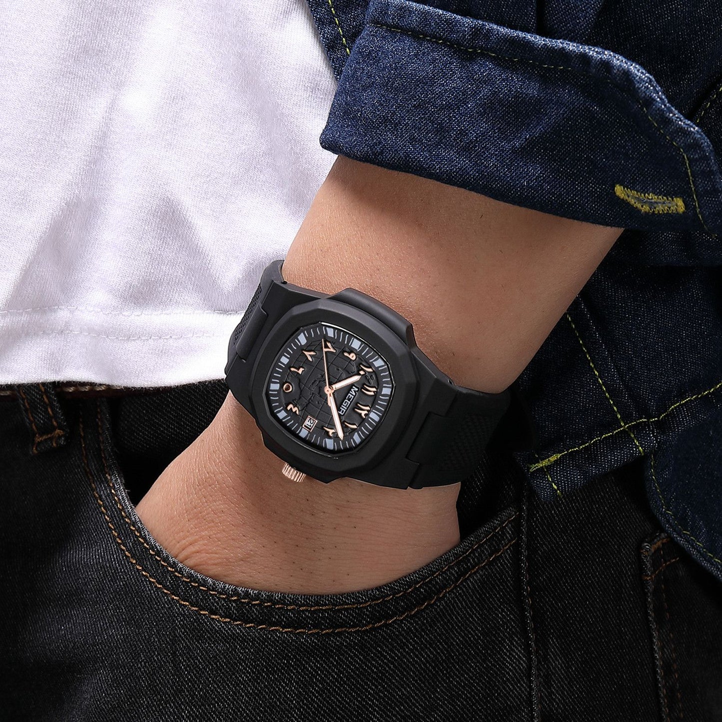 MEGIR 43MM Irregular Dial Men Watches Quartz Waterproof Sport Casual Wristwatch Clock Date Gifts for Man Reloj Hombre 8119