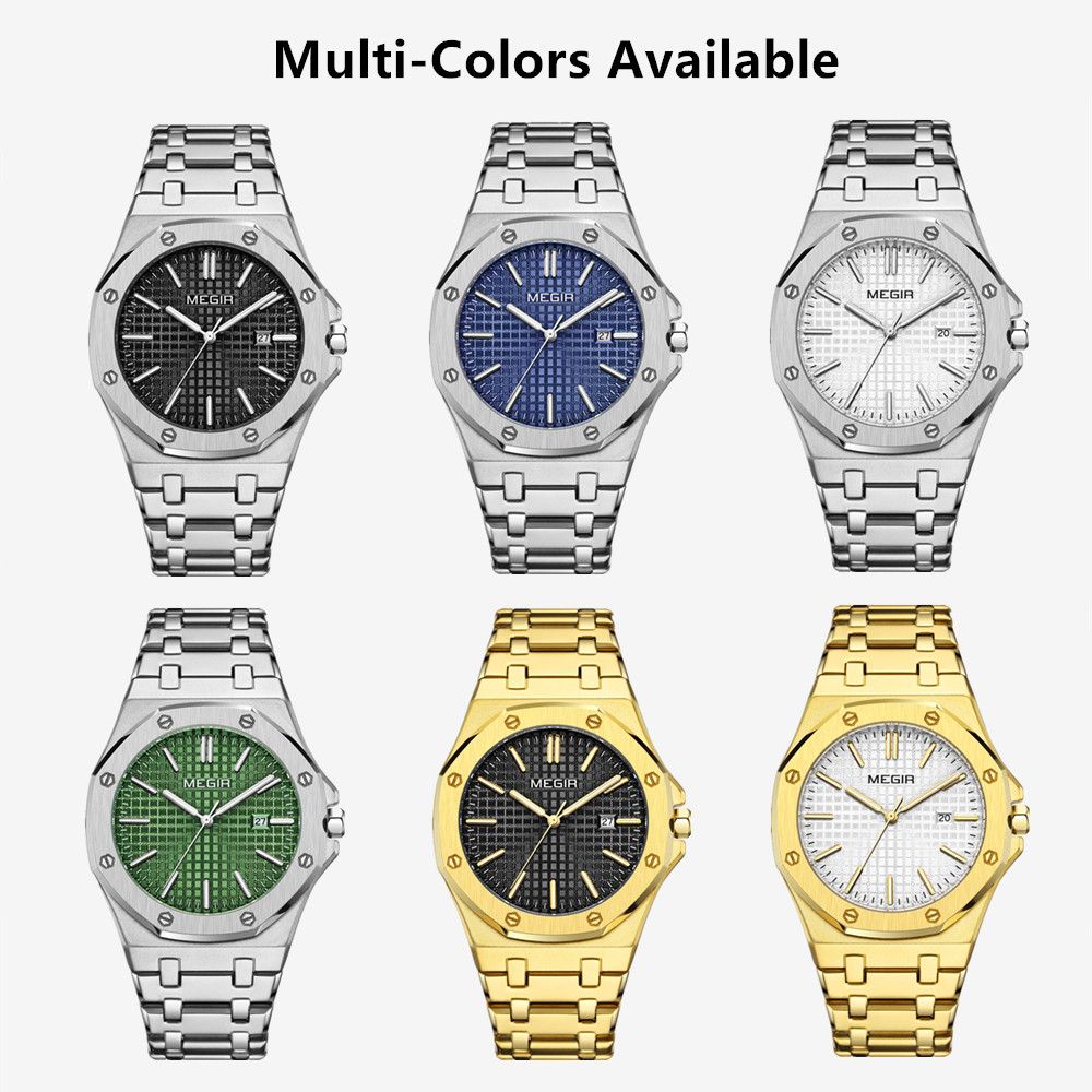 MEGIR Stainless Steel Bracelet Watch for Men Luxury Business Casual Watches Waterproof Calendar Quartz Wristwatch Men Gift Clock 1085