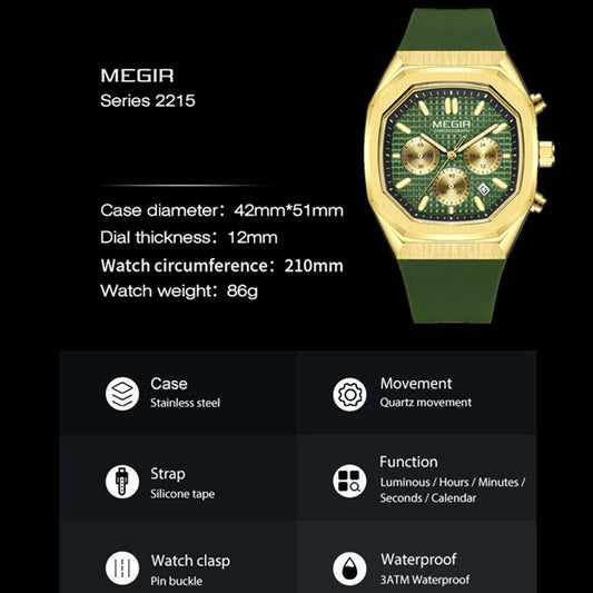 MEGIR Fashion Sport Military Watches for Men Luxury Quartz Wristwatch Silicone Strap Waterproof Date Clock 24-hour Reloj Hombre 2215