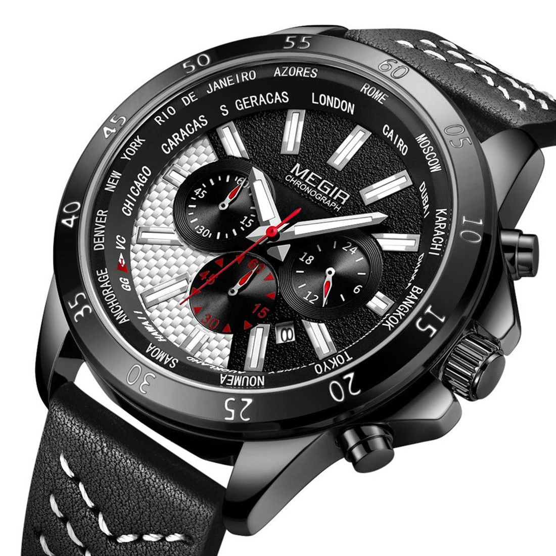 MEGIR Men Sport Watch Luxury Leather Strap Casual Quartz Chronograph Waterproof Luminous Male Wristwatch Relogio Masculino 2103