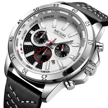 MEGIR Men Sport Watch Luxury Leather Strap Casual Quartz Chronograph Waterproof Luminous Male Wristwatch Relogio Masculino 2103