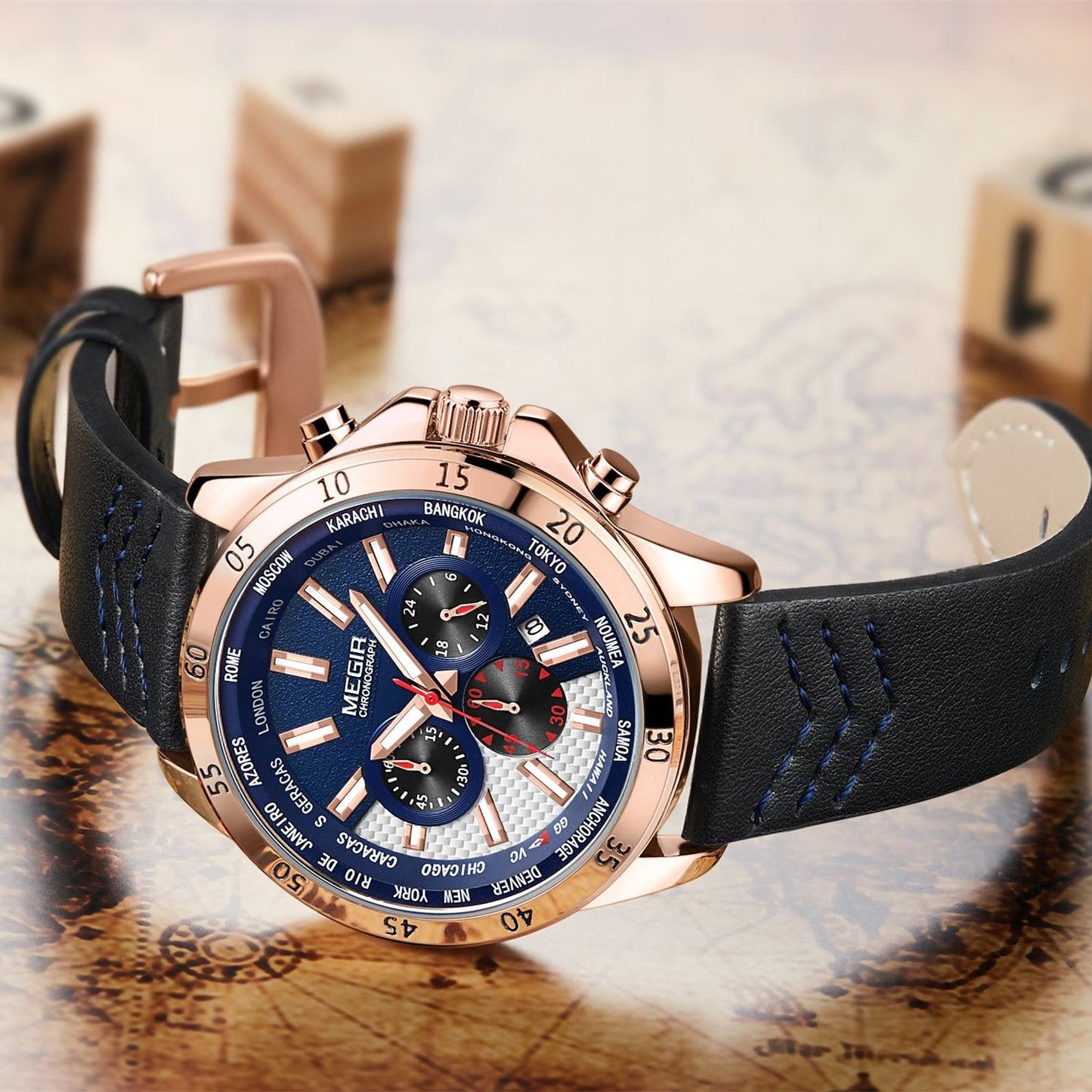 MEGIR Men Sport Watch Luxury Leather Strap Casual Quartz Chronograph Waterproof Luminous Male Wristwatch Relogio Masculino 2103