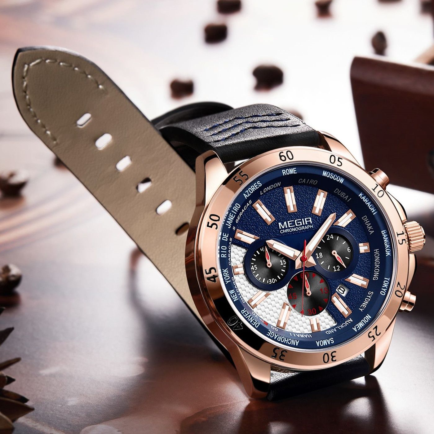 MEGIR Men Sport Watch Luxury Leather Strap Casual Quartz Chronograph Waterproof Luminous Male Wristwatch Relogio Masculino 2103