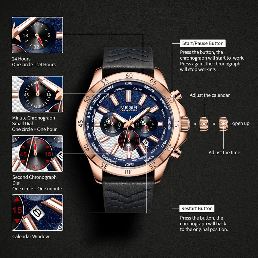 MEGIR Men Sport Watch Luxury Leather Strap Casual Quartz Chronograph Waterproof Luminous Male Wristwatch Relogio Masculino 2103