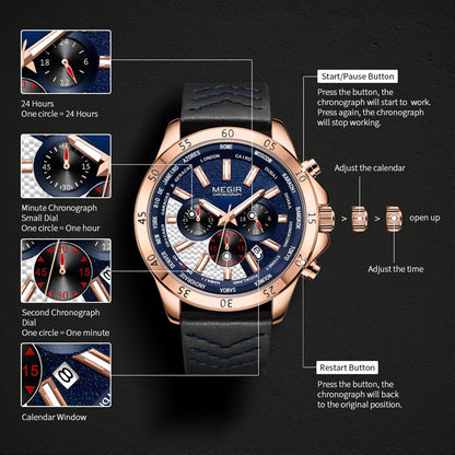 MEGIR Men Sport Watch Luxury Leather Strap Casual Quartz Chronograph Waterproof Luminous Male Wristwatch Relogio Masculino 2103