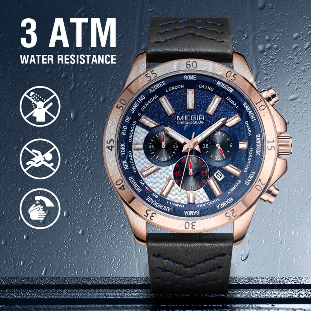 MEGIR Men Sport Watch Luxury Leather Strap Casual Quartz Chronograph Waterproof Luminous Male Wristwatch Relogio Masculino 2103