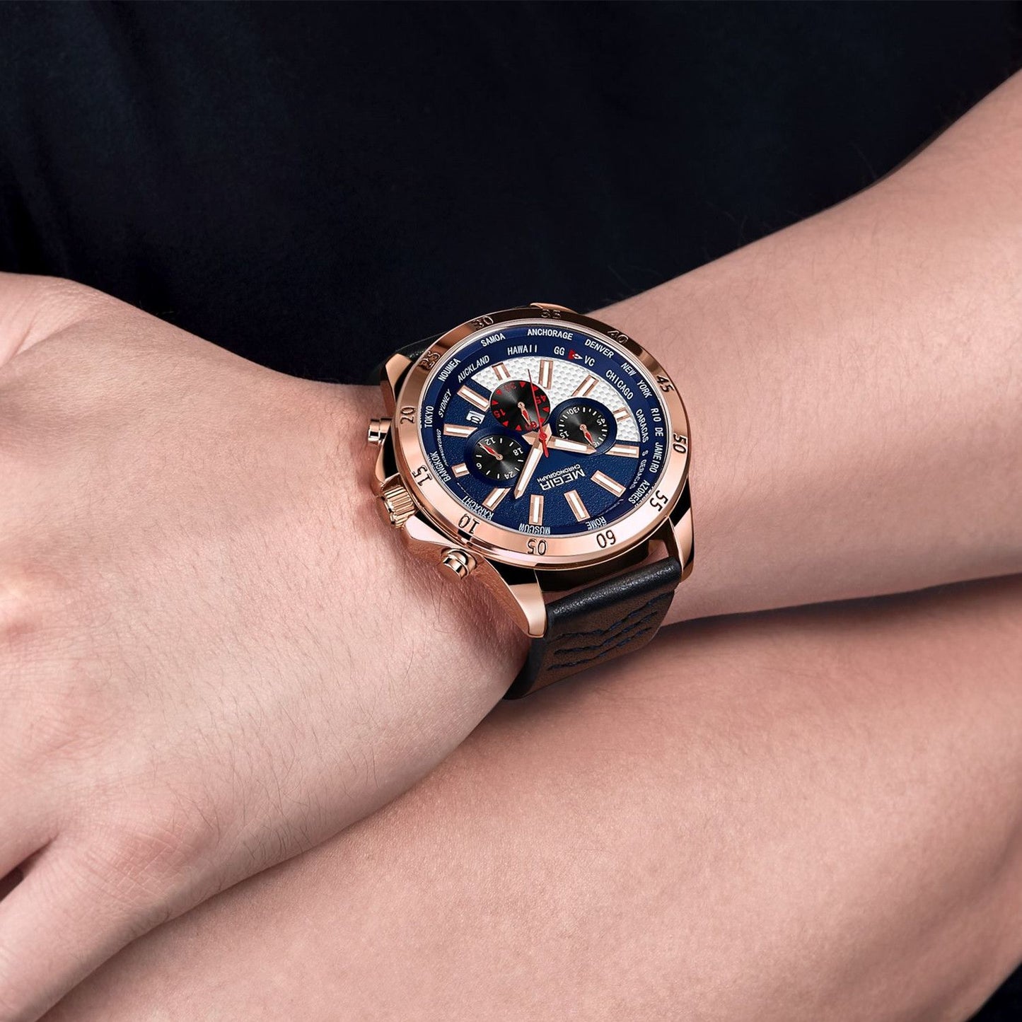 MEGIR Men Sport Watch Luxury Leather Strap Casual Quartz Chronograph Waterproof Luminous Male Wristwatch Relogio Masculino 2103