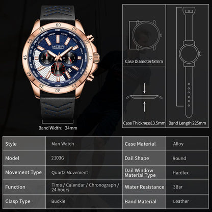 MEGIR Men Sport Watch Luxury Leather Strap Casual Quartz Chronograph Waterproof Luminous Male Wristwatch Relogio Masculino 2103