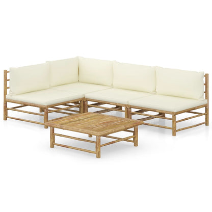NNEVL 5 Piece Garden Lounge Set with Cream White Cushions Bamboo
