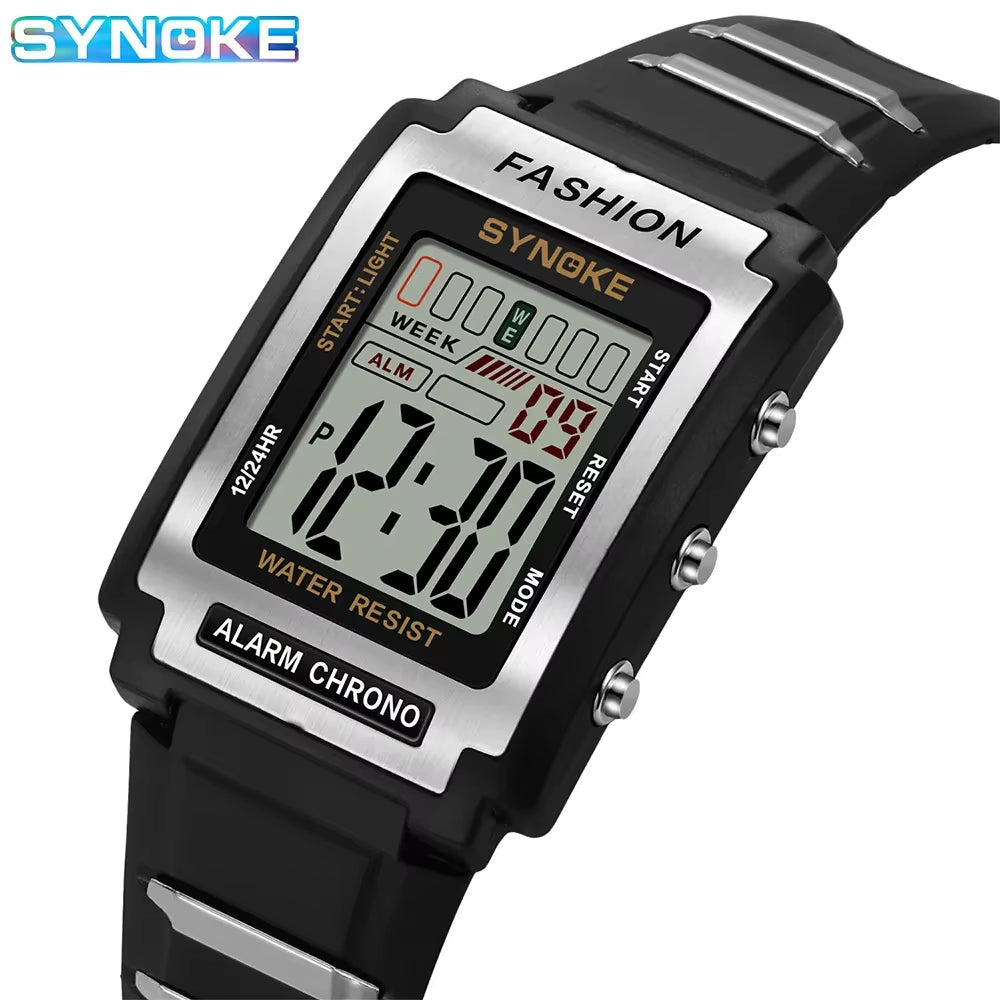 Men Rectangular Sports Electronic Watch Waterproof 50M Night Light Large Screen Alarm Clock Trend Retro Style