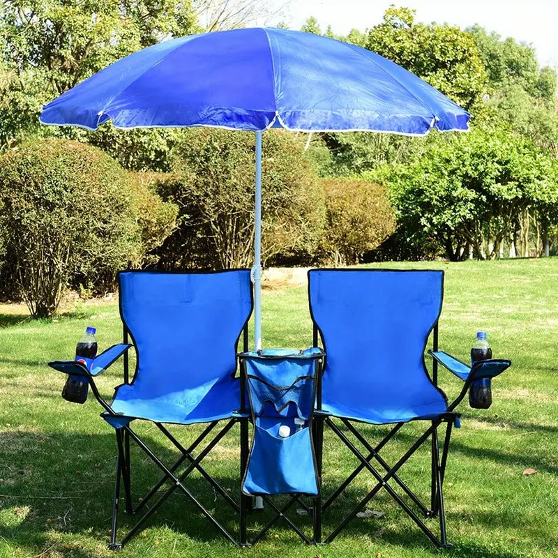 Double Camping Chair with Umbrella and Cooler